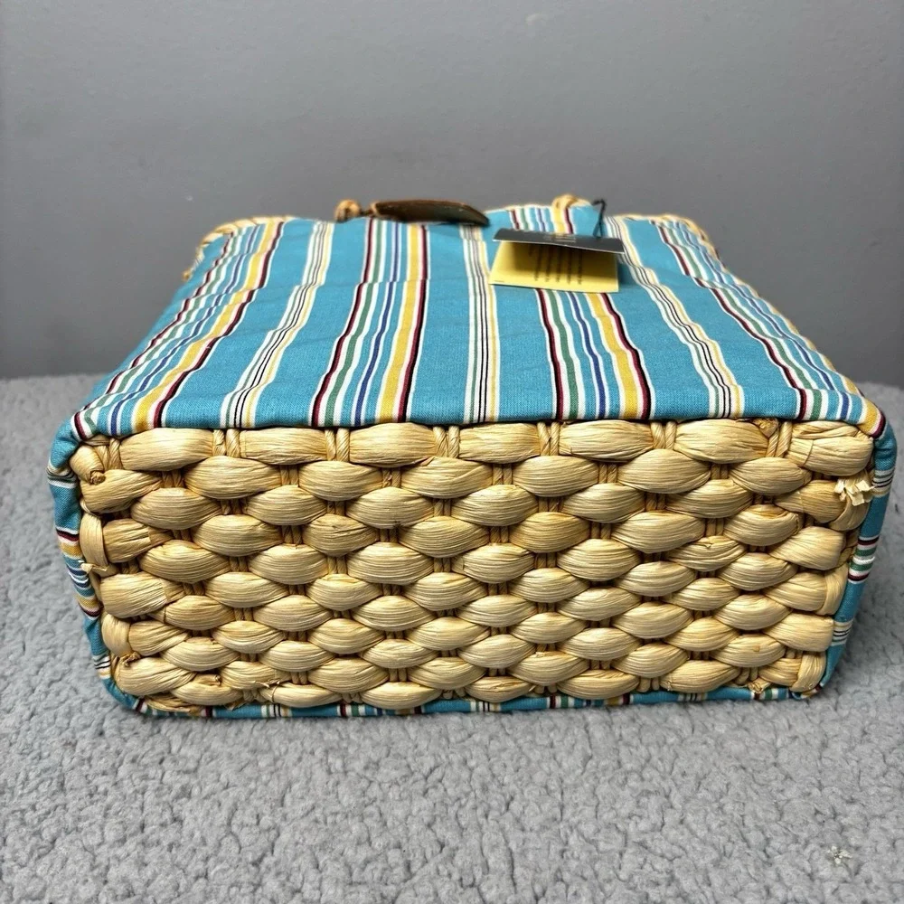 Lauren Ralph Lauren Tote Bag Blue Striped Fabric Straw Handle Vacation Beach